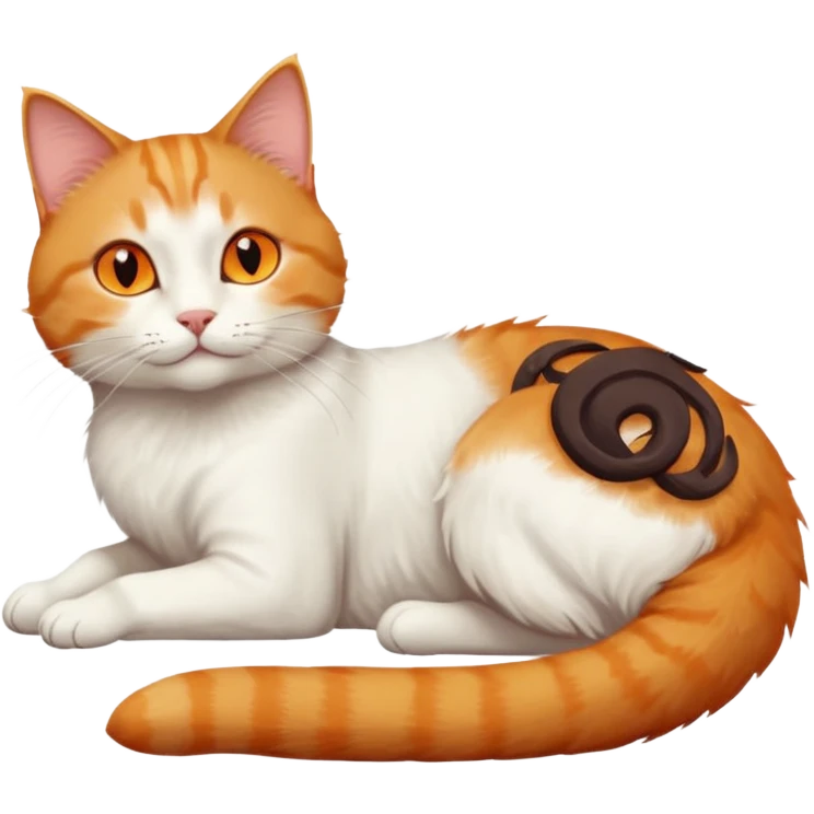 ginger and white cat with orange eyes doing a big extremely long stretch reaching up into the air with arms and legs side by side together straight and overextended whilst lying on its side emoji