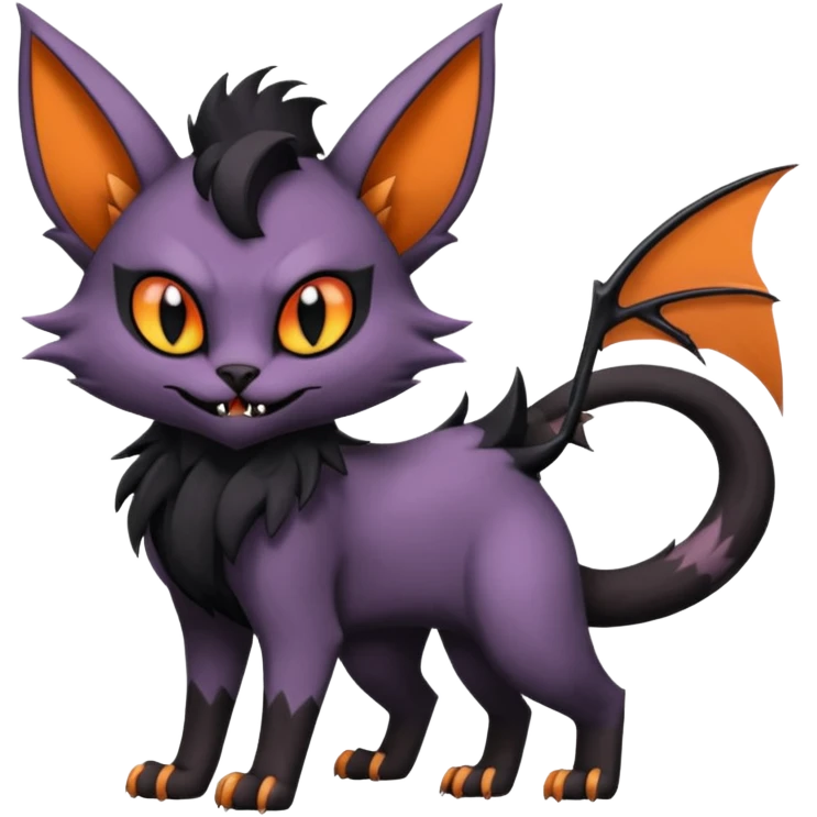 Black edgy Noivern-Noibat-Purloin-Torracat-Lykoi-Caracal-cat-Fakemon-fusion-hybrid-creature with bat head wings, big fangs, gothic markings emoji