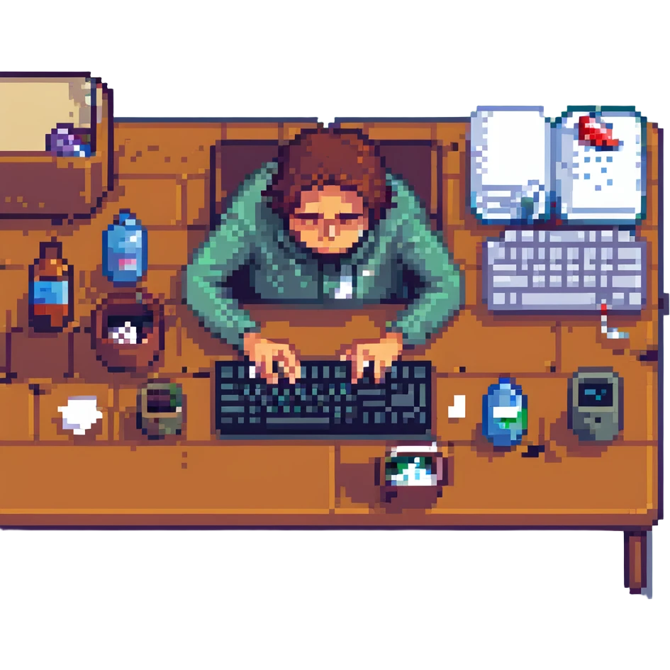 A programmer slumped over a keyboard, tissues and medicine nearby, looking unwell, pixel art style emoji
