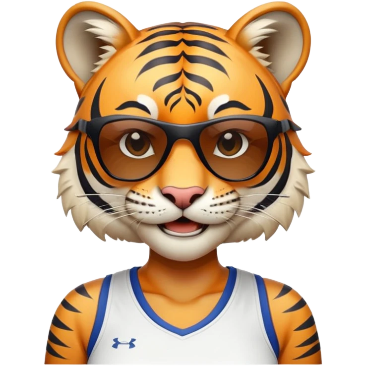 female energetic anthropomorphised tiger in sports clothes, wearing dark sunglasses, head and shoulders only, smiling emoji