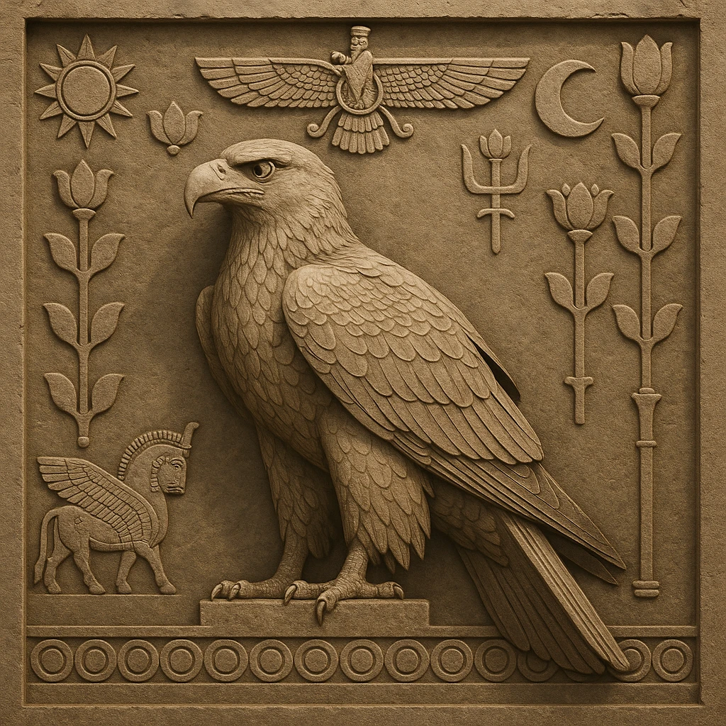 Eagle of Cyrus the Great, perched, surrounded by ancient Persian symbols, dignified look emoji
