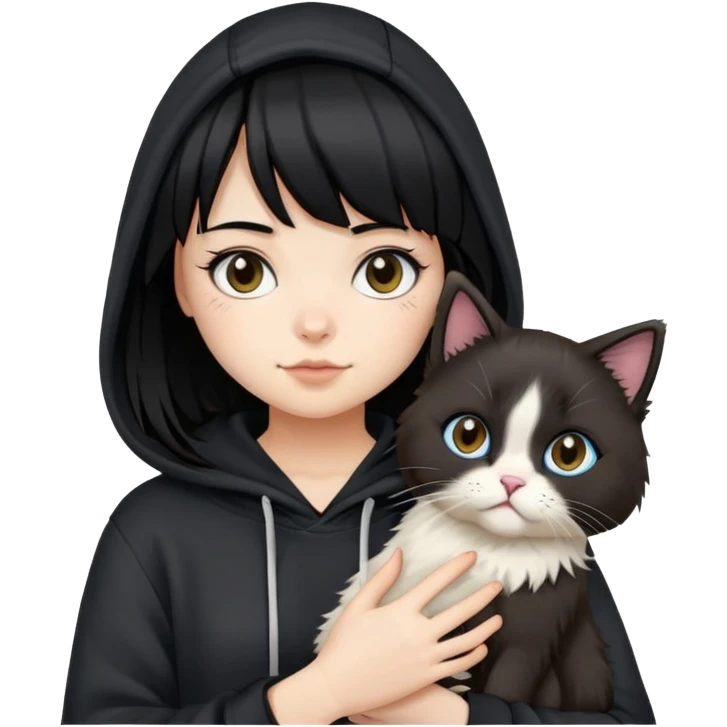 A girl in a hoodie with straight black hair and bangs holding a ragdoll cat emoji