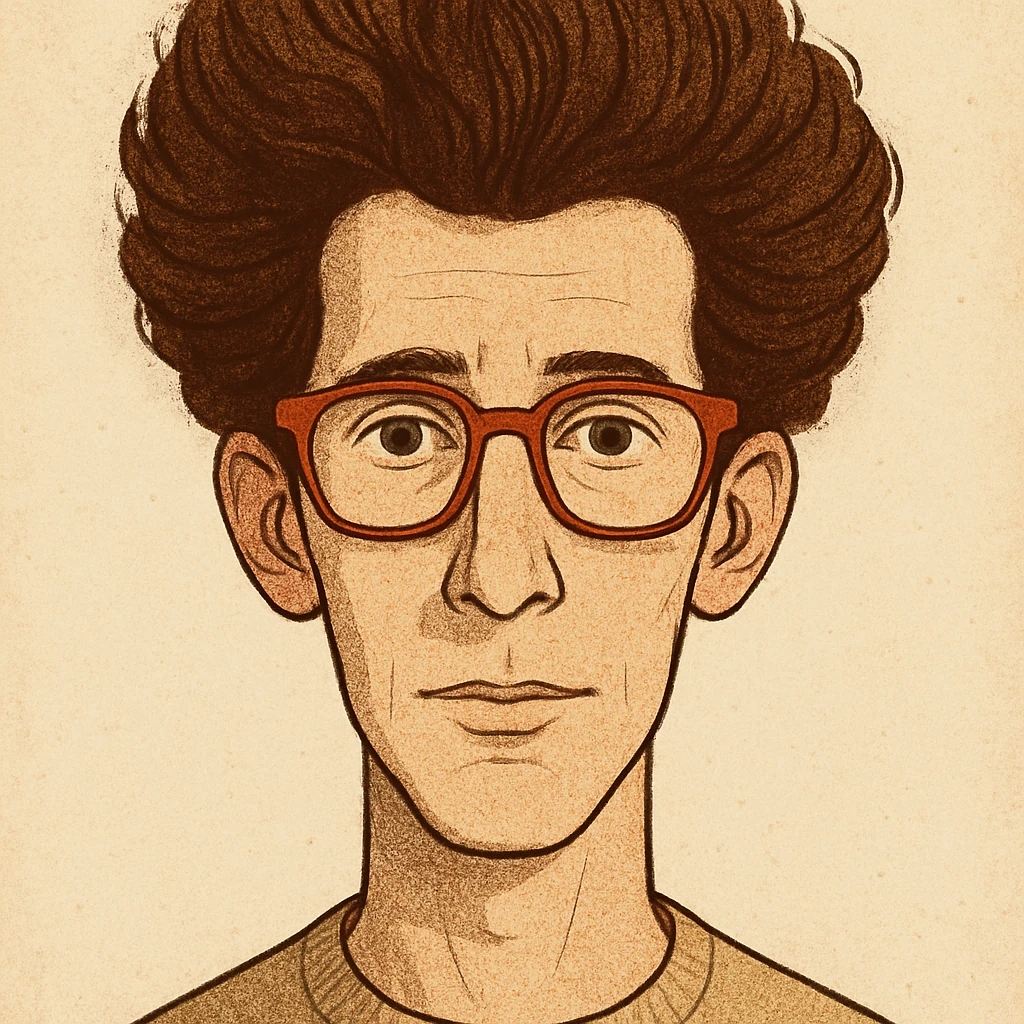 slightly elongated face of a man with red glasses and a big set of brown hair, style 1 emoji