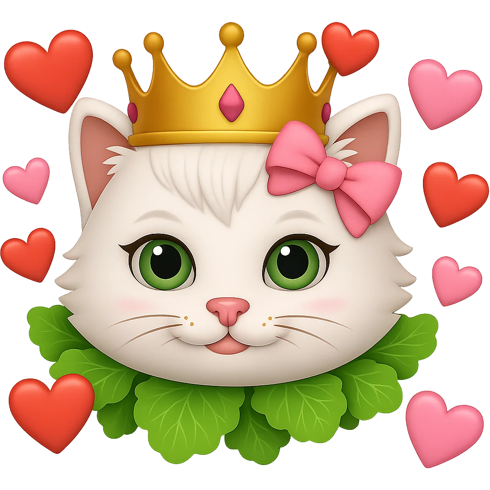 Make the hearts larger around the white cat with a pink bow and a green lettuce crown in the style of emoji. Remove the background. emoji
