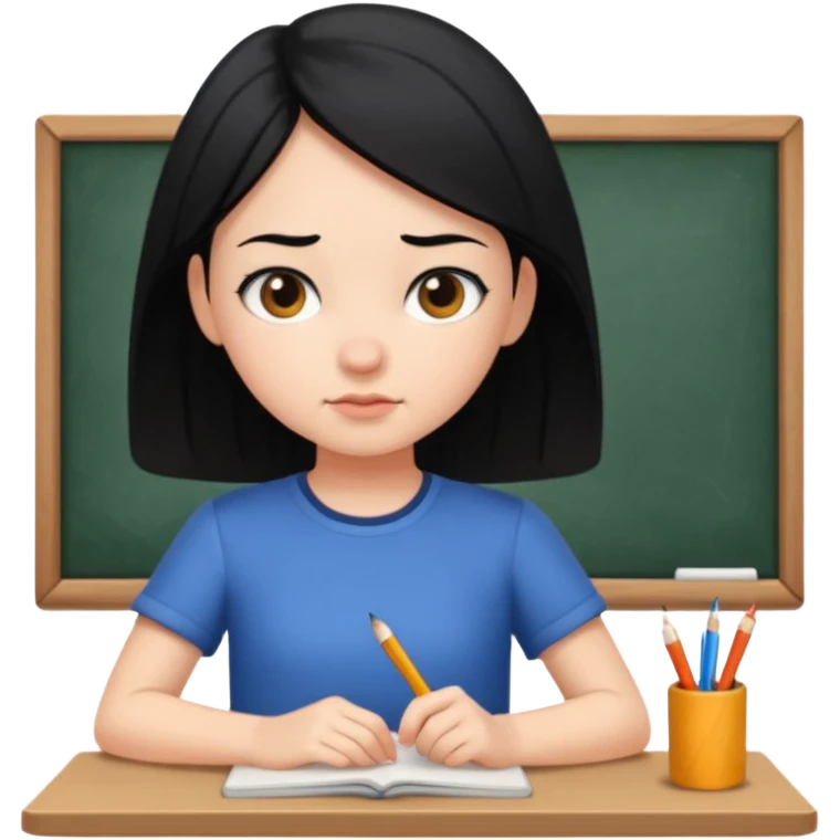 girl with black hair in short sleeves focusing in class emoji