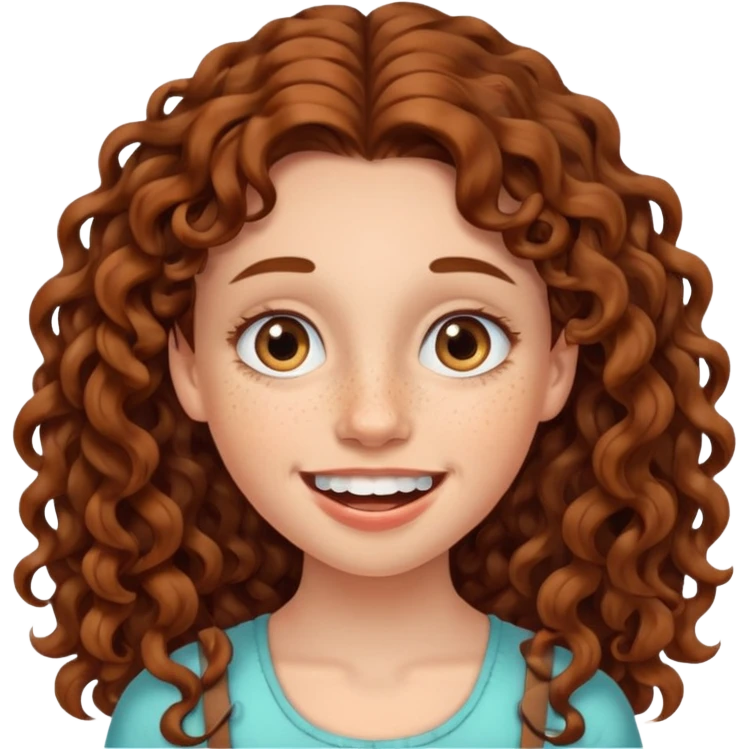 create a frontend girl that has an oval face and very very long brown curly hair and has bracesin her teeth and white emoji