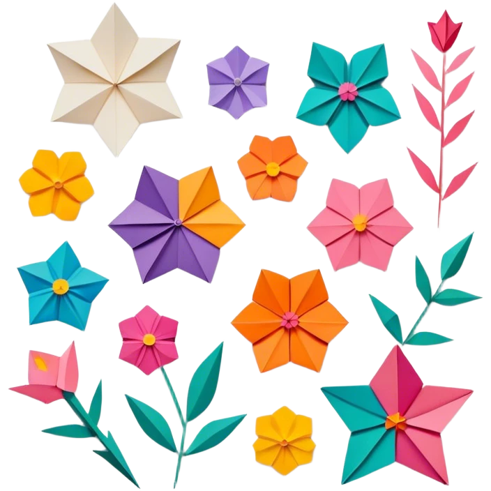 Paper crafting icon, various paper crafts like origami, paper flowers, and scrapbooking materials, visible tools, colorful paper patterns, minimalistic style, clean lines, transparent background. emoji
