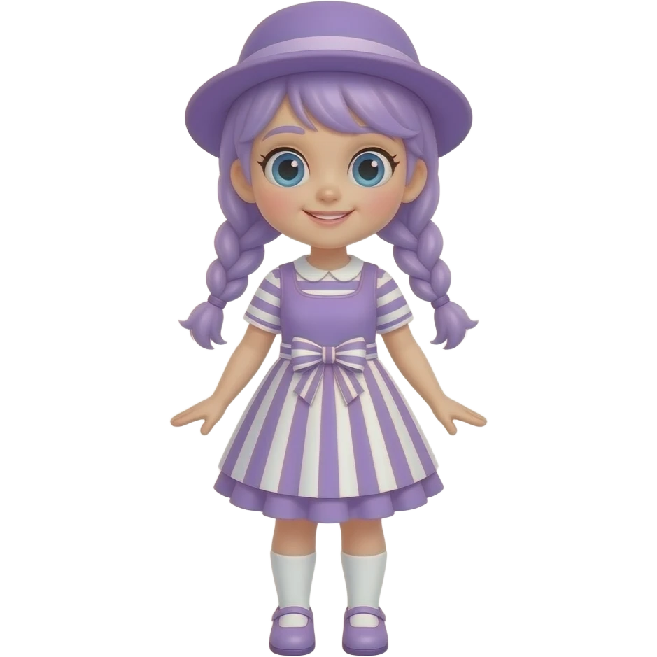 A girl with pale purple hair tied in two braids, and blue eyes. wearing a pale purple dress with pale purple and white striped short sleeves, pale purple and white striped skirt with a pale purple frill, a pale purple and white striped waistbow, a pale purple hat, white socks and pale purple shoes. emoji