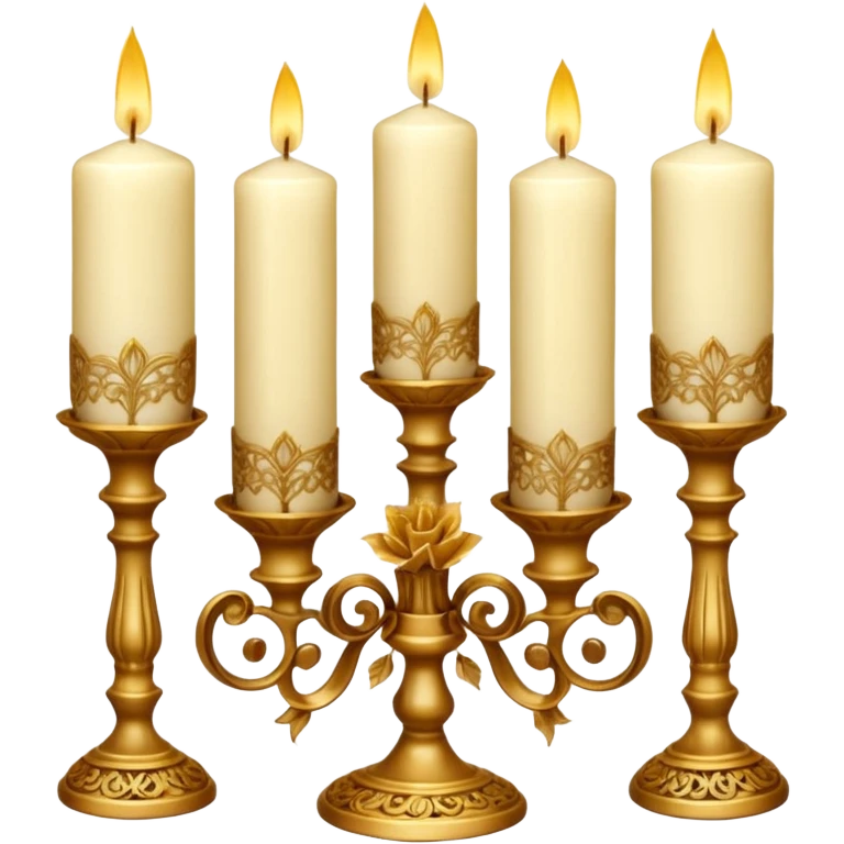 Victorian Candle Set
A cluster of tall, ivory candles in ornate golden holders. Some are carved with lace-like patterns, others wrapped in translucent brown ribbon and dried golden roses. emoji
