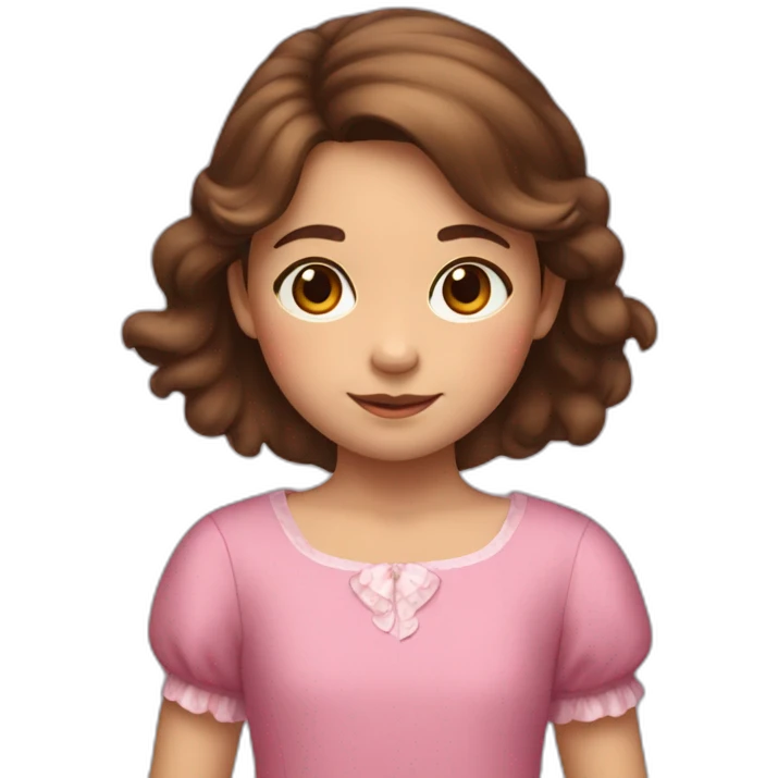 An 8-year-old girl with brown hair in a pink dress and a bear in her hands emoji