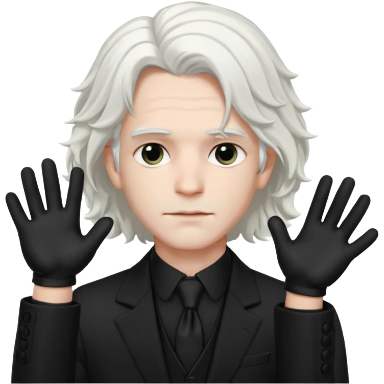 Male Goth with Top Hat
 Wavy shoulder-length hair, white skin, black suit and gloves, pale skin tone, white very long hair emoji