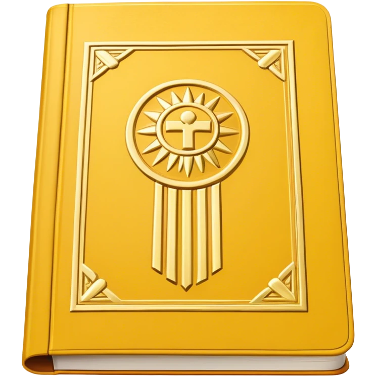 A golden yellow book with white accents, smooth and polished, embossed with a symbol of six pillars, a sun, or a glowing mirror, radiating strength, confidence, and the power of self-worth.  emoji