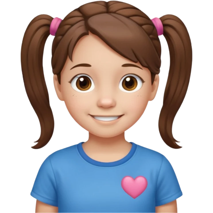 10 year old girl emoji, brown hair in pigtails, wearing a t-shirt, smiling emoji