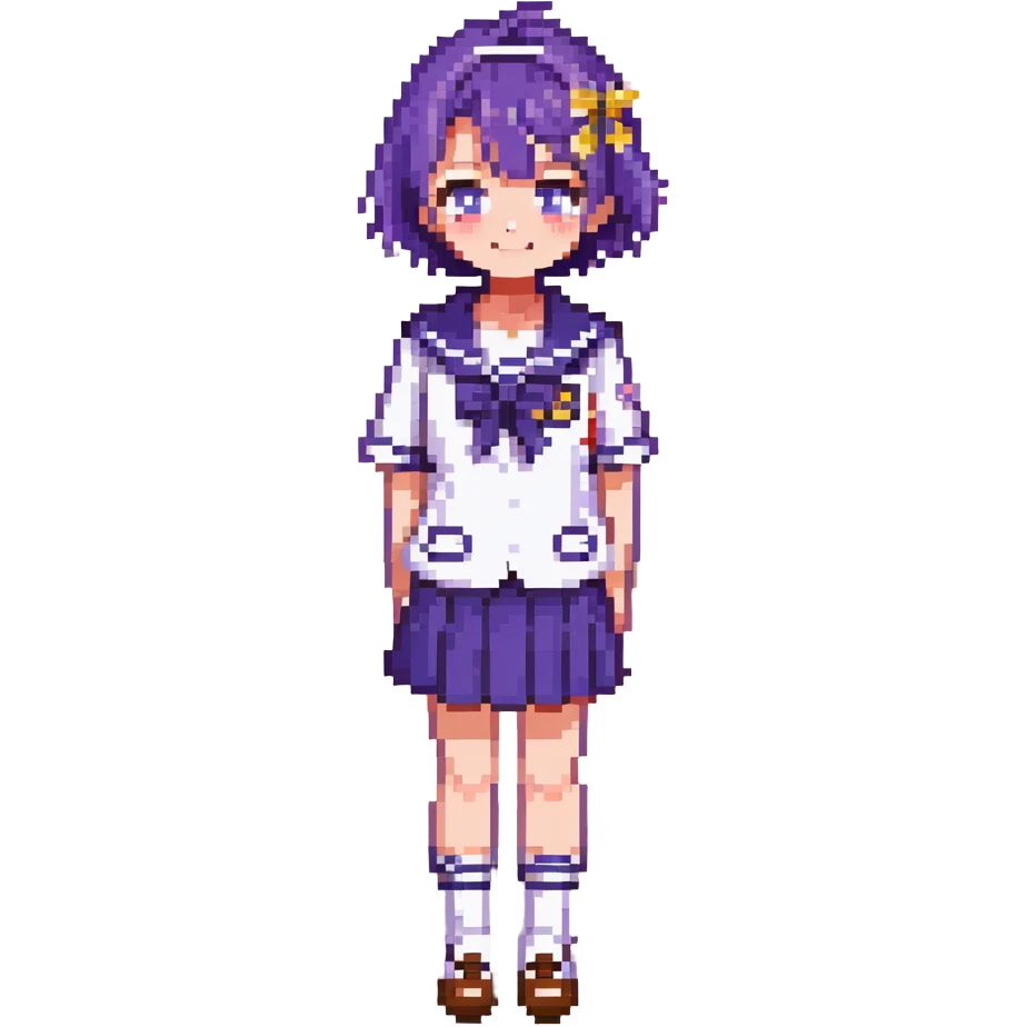 Pixel art anime girl with short bright purple hair wearing Japanese sailor style school uniform, composed posture with hand on hip but shyly waving with other hand, blushing face and timid smile, very shy expression emoji