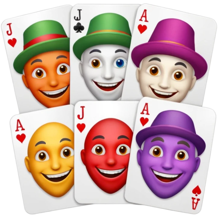 3 poker cards, with crazy colorful human jolly jokers inside, face only emoji