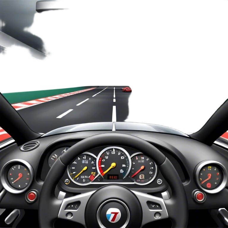 An icon showing a racing game interface, inspired by Grand Turismo. The design features a garage with a selection of high-performance cars, along with race track visuals in the background. Speedometer, lap timer, and other HUD elements add to the excitement. Transparent background emoji