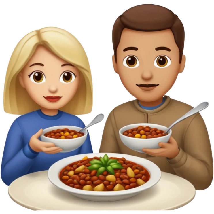 ligth couple having dinner of chili, beans and potatoes emoji