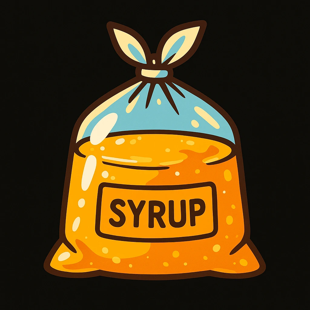 cartoon style illustration of a clear plastic bag filled with sugar syrup, tied at the top, with a shiny, sticky appearance, black background, vibrant and clean look emoji