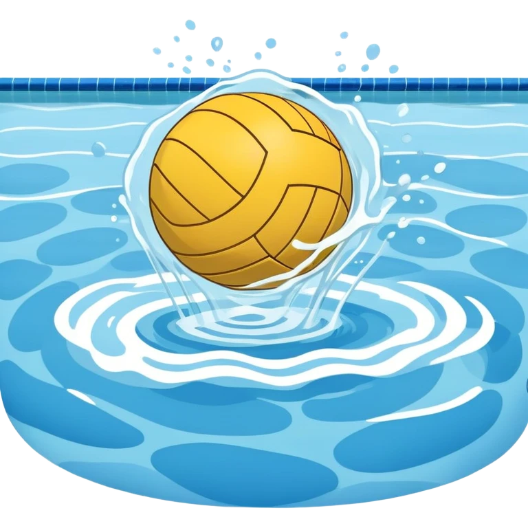 An icon featuring a yellow water polo ball floating on the water with goals in the background, inside a swimming pool. The design includes splashes and ripples, symbolizing the fast-paced action and strategy of water polo. Transparent background highlights. emoji