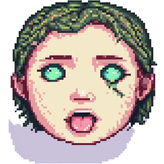 pixel art face making a teasing gesture pulling down one eyelid and sticking out tongue emoji