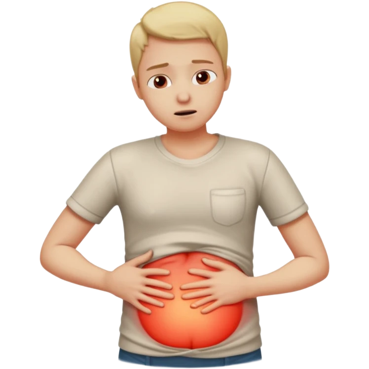 A person wearing casual clothes, holding their stomach with one hand, showing visible discomfort. A red glow appears over the abdominal area to indicate pain. Realistic medical illustration style, clean white background, focus on body language expressing stomach ache or cramps. emoji
