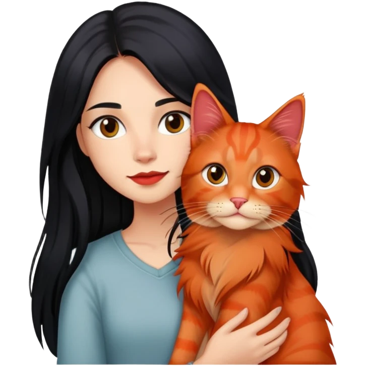 Une fille au cheveux long lisse et noir portant un chat type Maine coon de couleur roux  emoji
