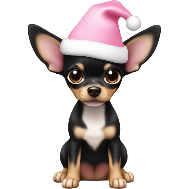 black & tan chihuahua puppy full body light blue eyes pink christmas hat on emoji