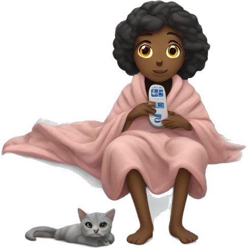 Girl wrapped in a blanket with a cat on her bed next to her and a tv remote in her hands  emoji