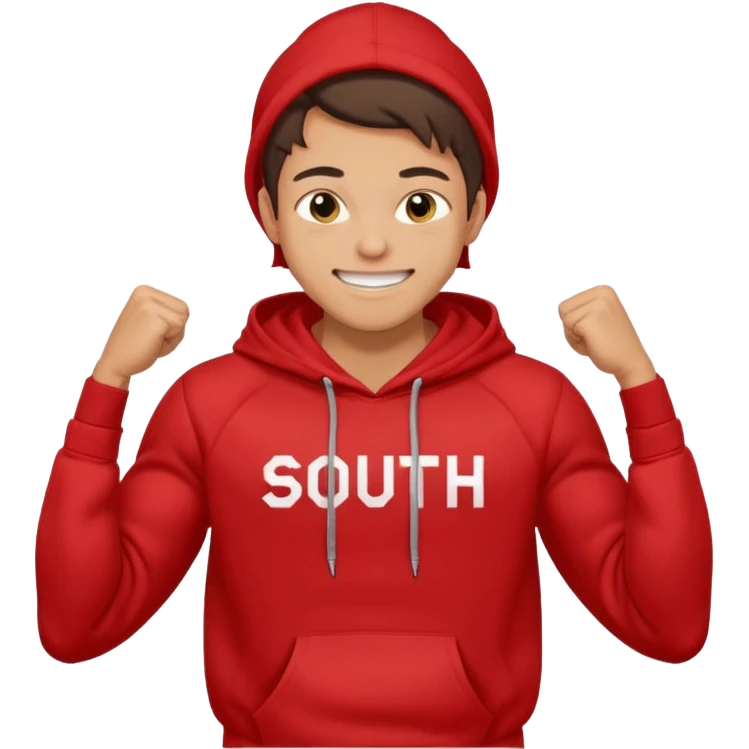 make me an emoji of an americain 19 yearold boy in a red hoodie that says "south" on it and give him with tan skin with his hands in his hands in his pocket grining flexing his muscles emoji