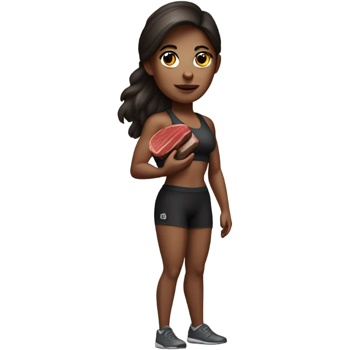 White skin brunette gym girl holding a steak emoji