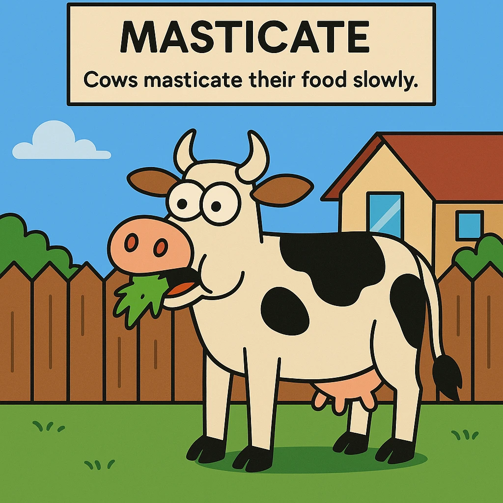 Masticate – to chew food.
Cows masticate their food slowly.
 emoji