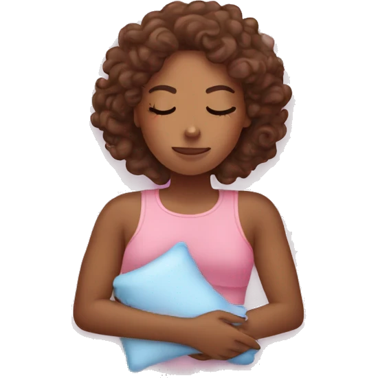 Sleepy girl on pink pillow with brown curly hair and a ice pack emoji