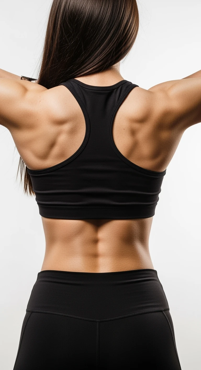 donna fitness di spalle con spina dorsale in evidenza, sfondo bianco emoji