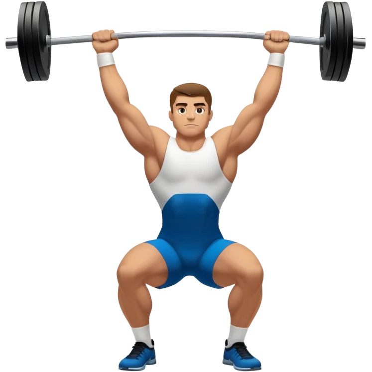 Emblem representing weightlifting with a strong athlete in a classic lifting stance, holding a barbell overhead. Dynamic, powerful pose with a focus on strength. Clean lines, bold silhouette, and transparent background, symbolizing the intensity and discipline of the sport emoji
