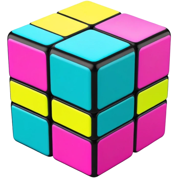 A 3x3 Rubik's Cube with radical 90s American color scheme, slightly twisted position, fluorescent colors, teal, hot pink, neon yellow, and purple emoji