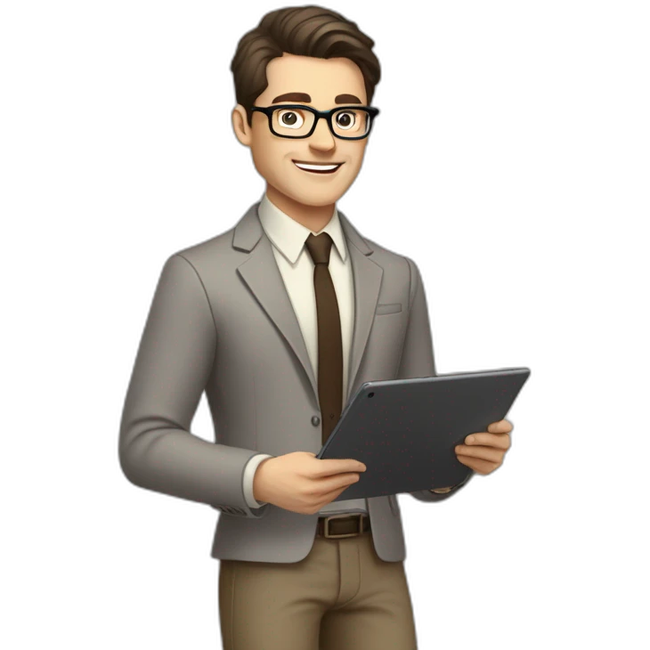 Pale skinned fit man with dark brown hair in gray jacket, beige office shirt, brown tie, brown pants and vintage glasses Writing on the tablet emoji