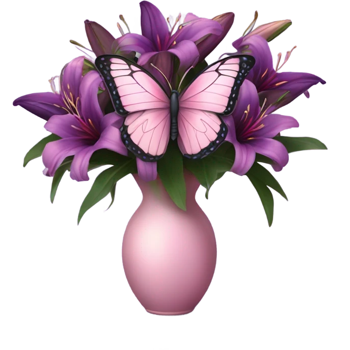 Aesthetic butterfly with purple and pink wings sitting on a dark purple bouquet of Lilies in a pastel pink vase emoji
