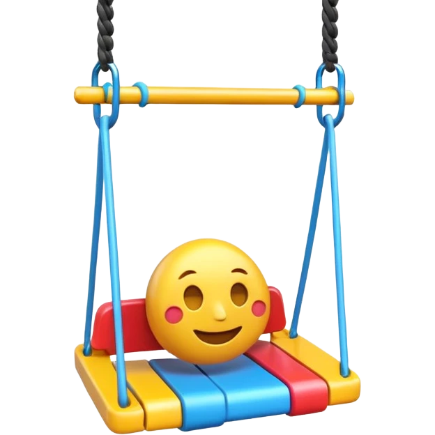 iOS-style 3D emoji: a colorful plastic swing with a safety bar in front, hanging from two ropes, glossy surface and soft shadows emoji