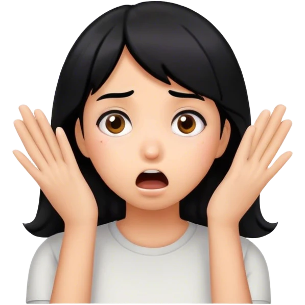 Shocked girl face with black hair and hands on face, big sign saying "HELP" emoji