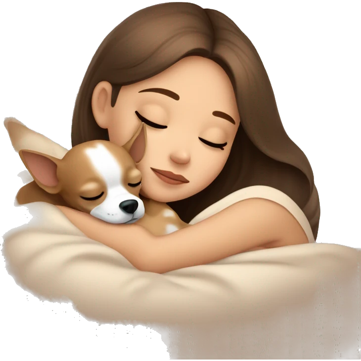 Brown hair girl sleeping with her beige Chihuahua ￼ emoji