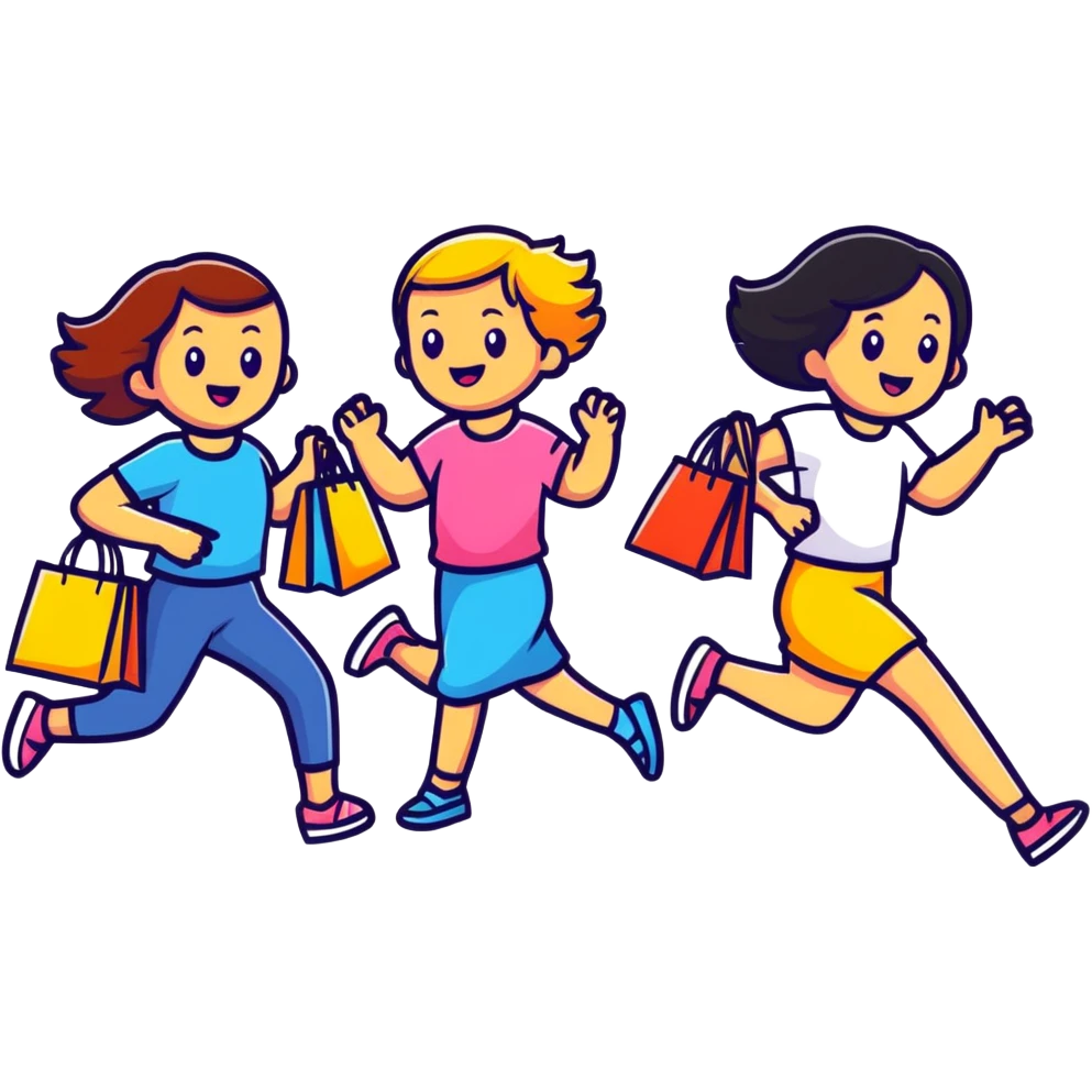 shoppers running with the salesgirl, bright colors and playful expressions emoji