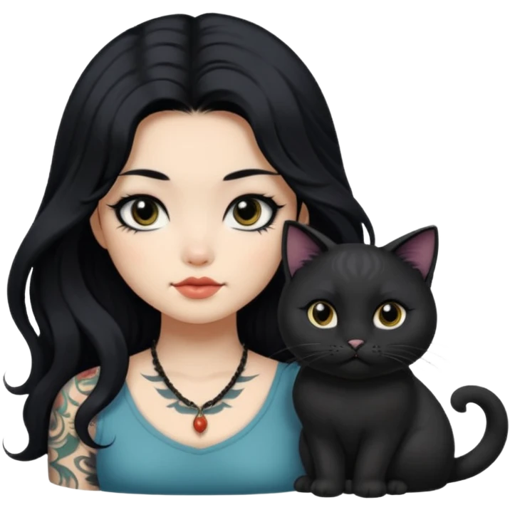 a Chinese girl with long black  Big Wave hair and tattoos and a black round faced cat black eyes .  emoji