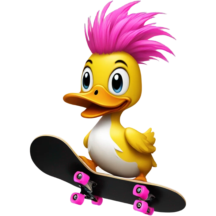 Cartoon duck with pink Mohawk on a black skateboard  emoji