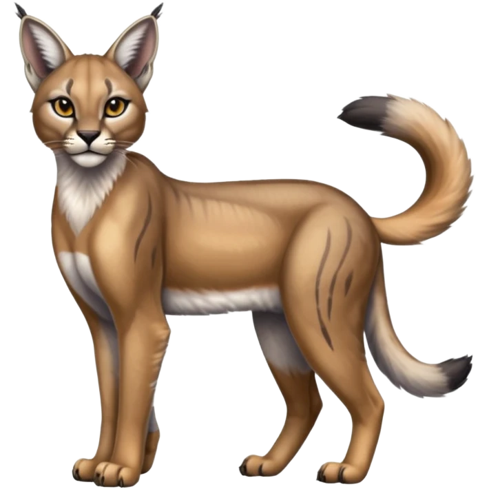 Realistic patterned marked edgy greyish blackish whitish silvery Shiny Colorful Glossy Caracal-Lioness-Bobcat-fusion-animal-hybrid-creature, full body, tufted ears, long thin tufted tail emoji