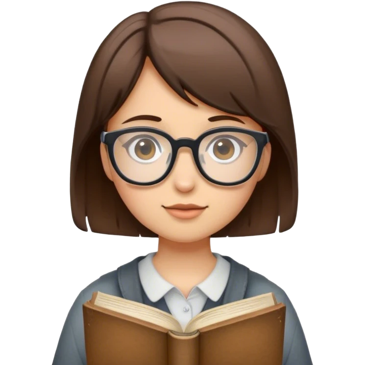 girl with short brown hair, wearing glasses and holding a book emoji