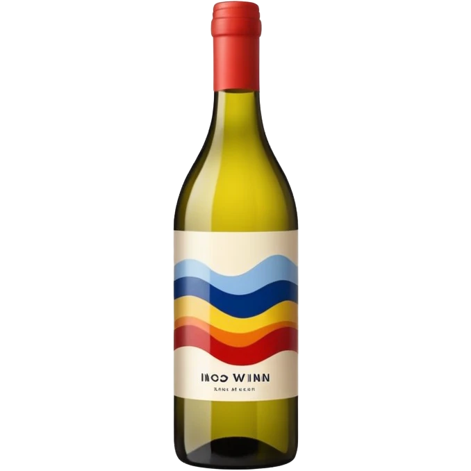 single isolated bottle of natural wine with wavy design in primary colors on the label. bottle is isolated. no glass. emoji