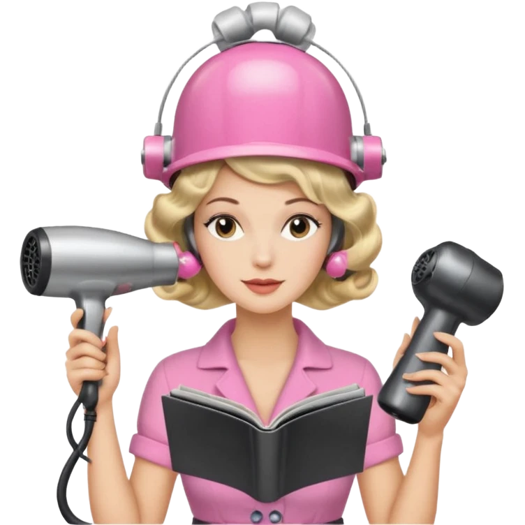 Emoji de mujer con casco secador, pelo recogido, rulos y leyendo revista, estilo vintage chic emoji