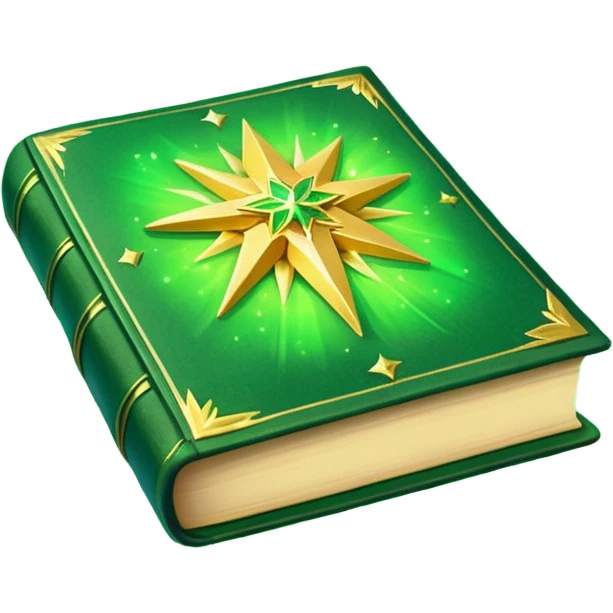 A **green, glowing book** with **golden edges**, floating with **sparkles and magical wisps** around it. The cover features a **golden starburst sigil**, symbolizing charm and radiance. ✨📖 emoji
