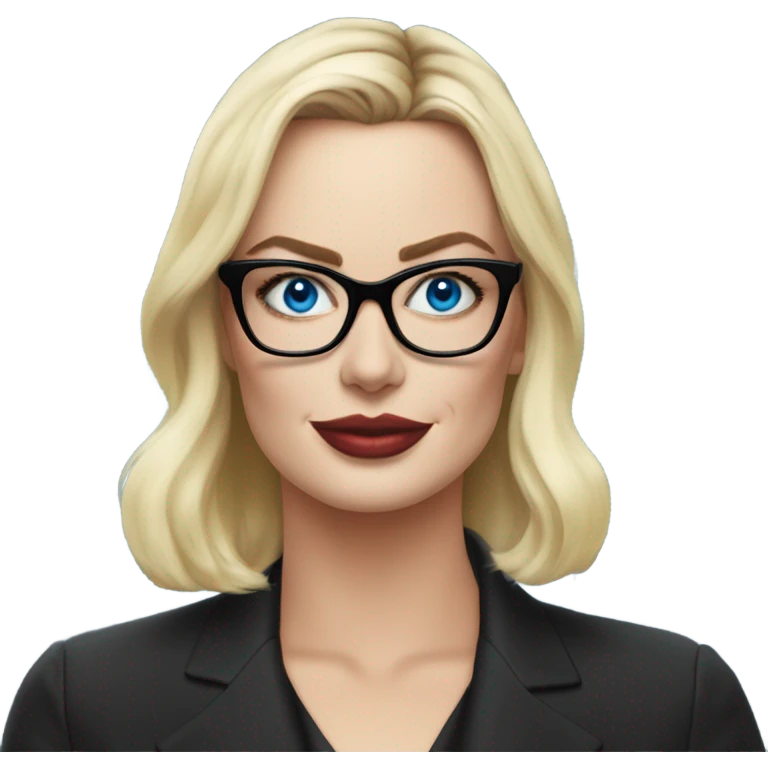 Real margot robbie secretary,  bright blue eyes, wearing black glasses  emoji