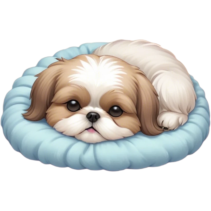 Meme-Worthy Cute Sleeping Shih Tzu Portrait Emoji, Head resting peacefully with a tender, contented smile and eyes delicately closed in serene slumber, showcasing a luxuriously fluffy fur in soft pastel tones, simplified yet irresistibly adorable, highly detailed, glowing with a warm, drowsy radiance, high shine, exuding calm, cozy charm, styled with a gentle, soft glowing outline, capturing the essence of a sleeping Shih Tzu that radiates utterly adorable, sleepy bliss! emoji